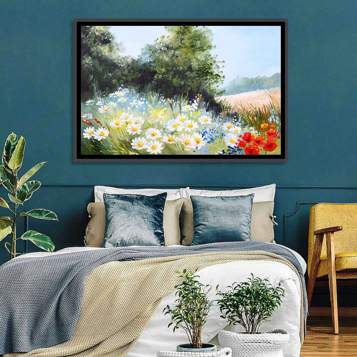 Sunny Daisy Meadow with Red Poppies Wall Art in a room, landscape