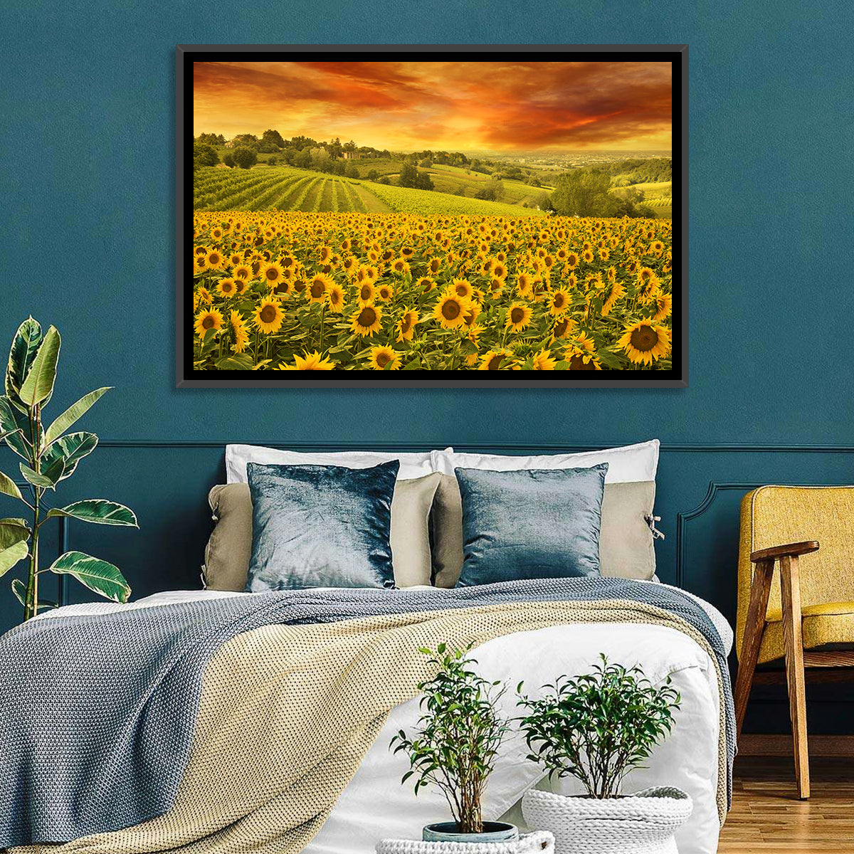 Sunflower Field at Golden Hour Wall Art in a room, landscape