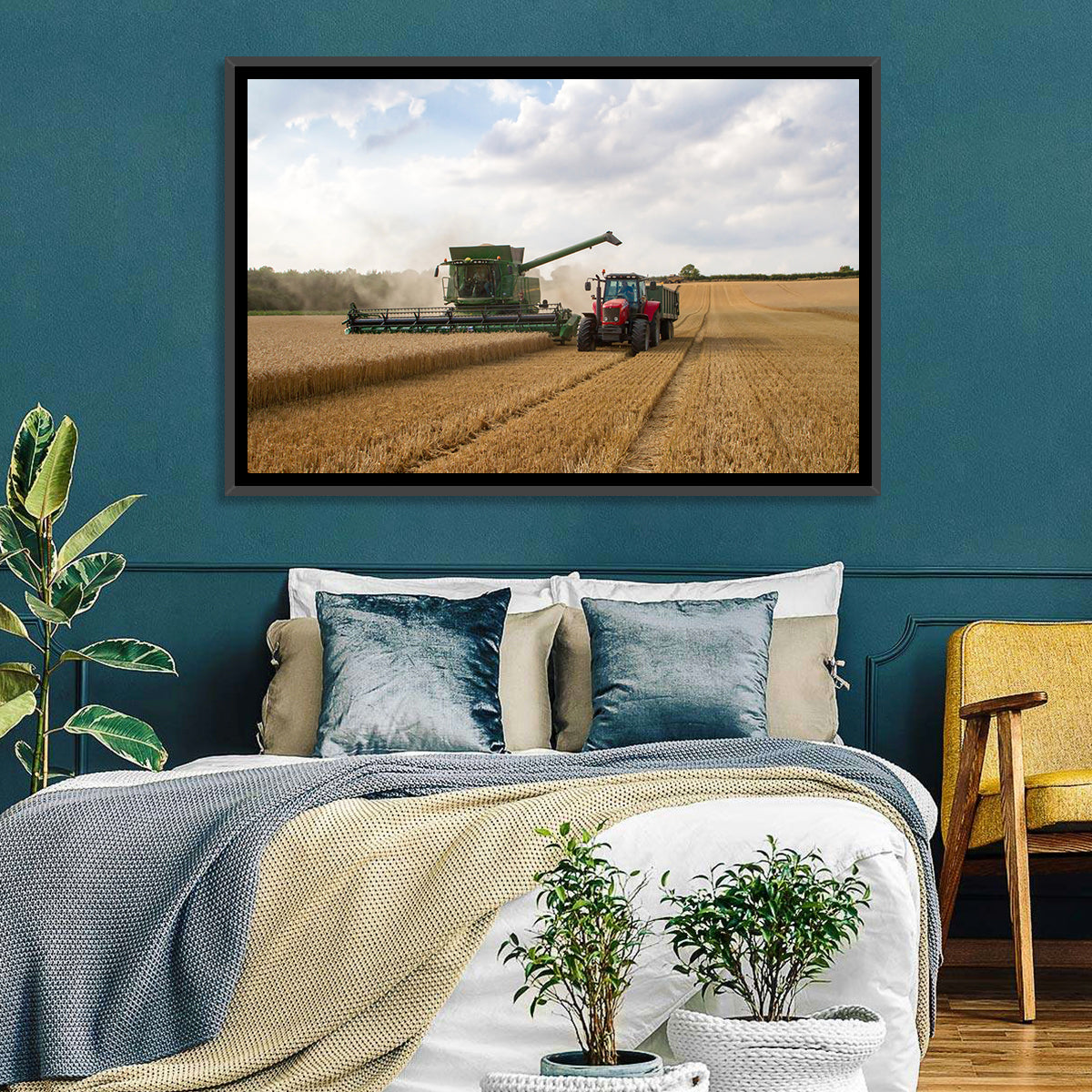 Wheat Harvest with Combine and Tractor Wall Art in a room, landscape