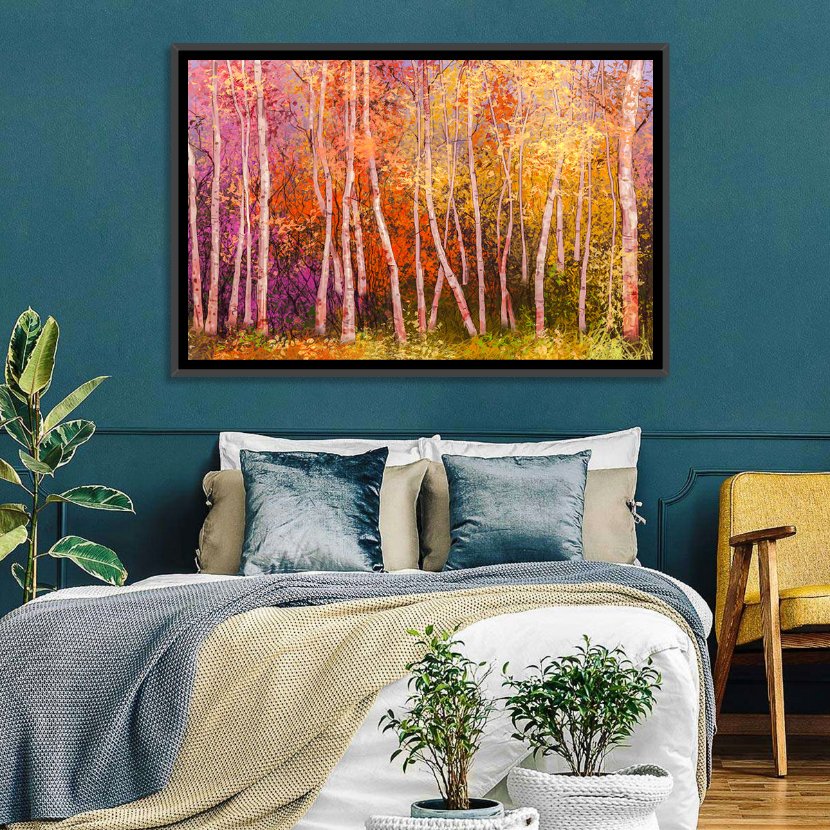 Vibrant Autumn Birch Grove Wall Art in a room, landscape