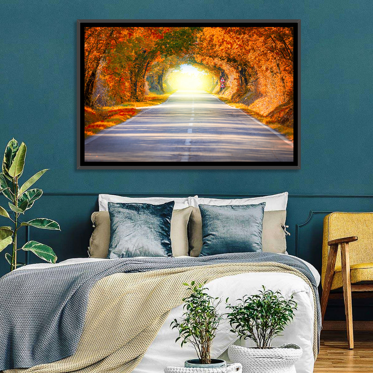 Golden Autumn Tree Tunnel Wall Art in a room, landscape