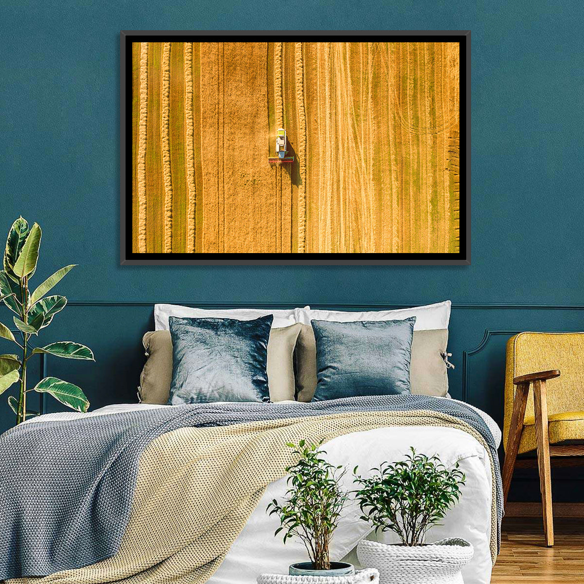 Aerial Wheat Harvest Wall Art in a room, landscape