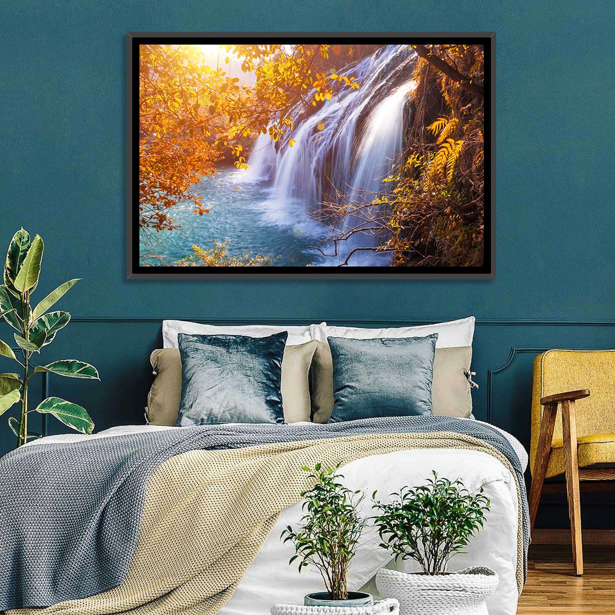 Golden Hour Waterfall in Autumn Forest Wall Art