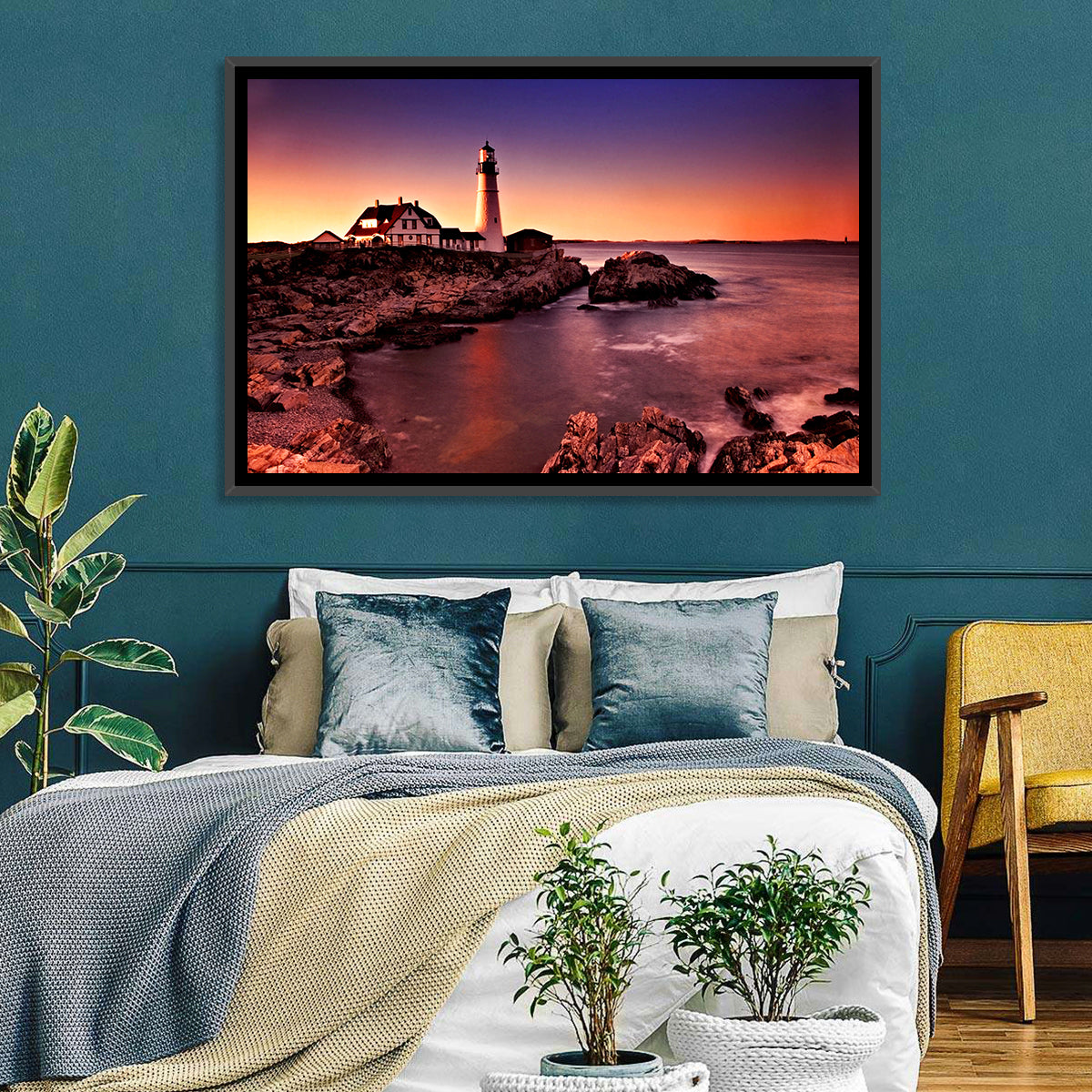 Portland Head Light at Dusk Wall Art in a room, landscape