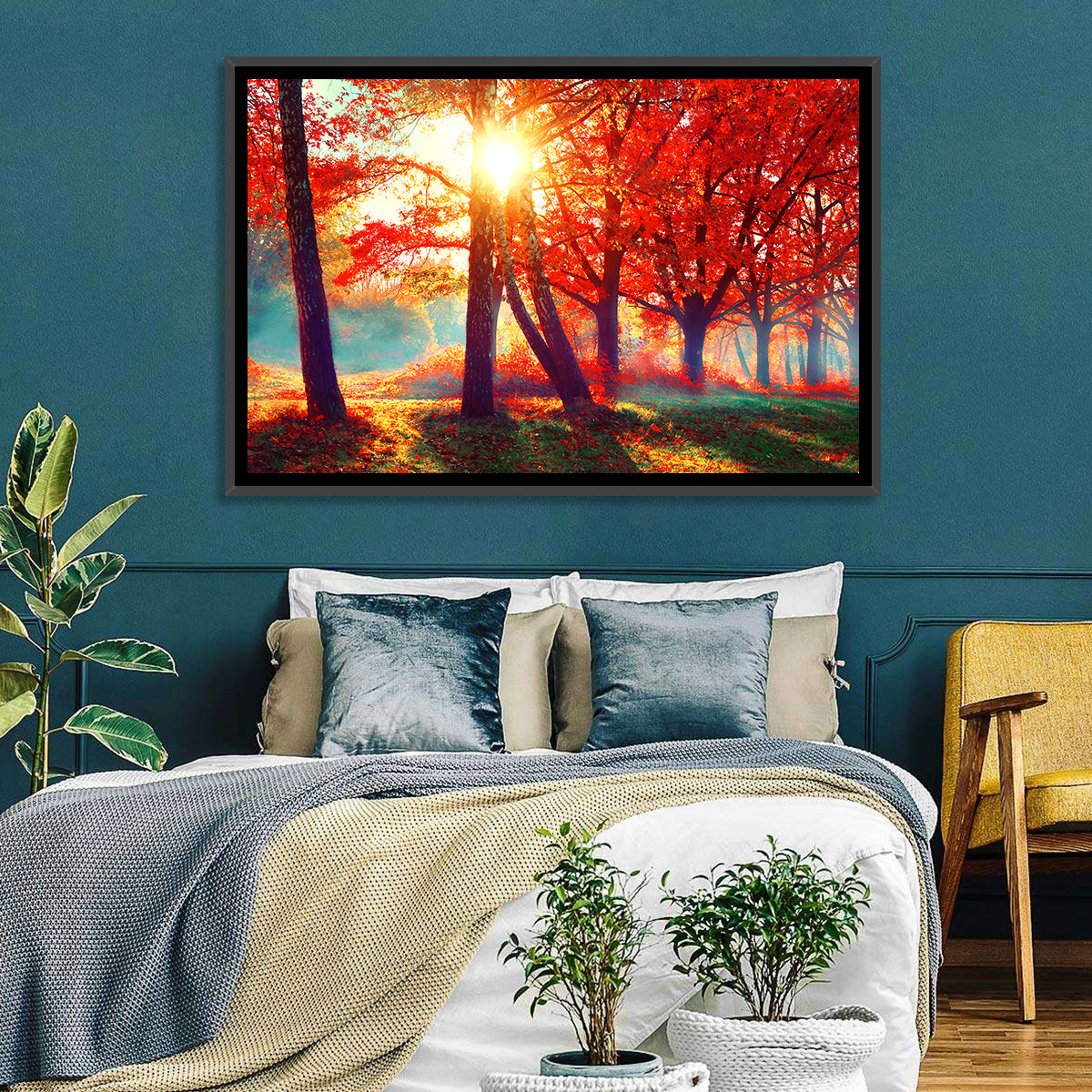 Autumn Park Sunrise Wall Art in a room, landscape