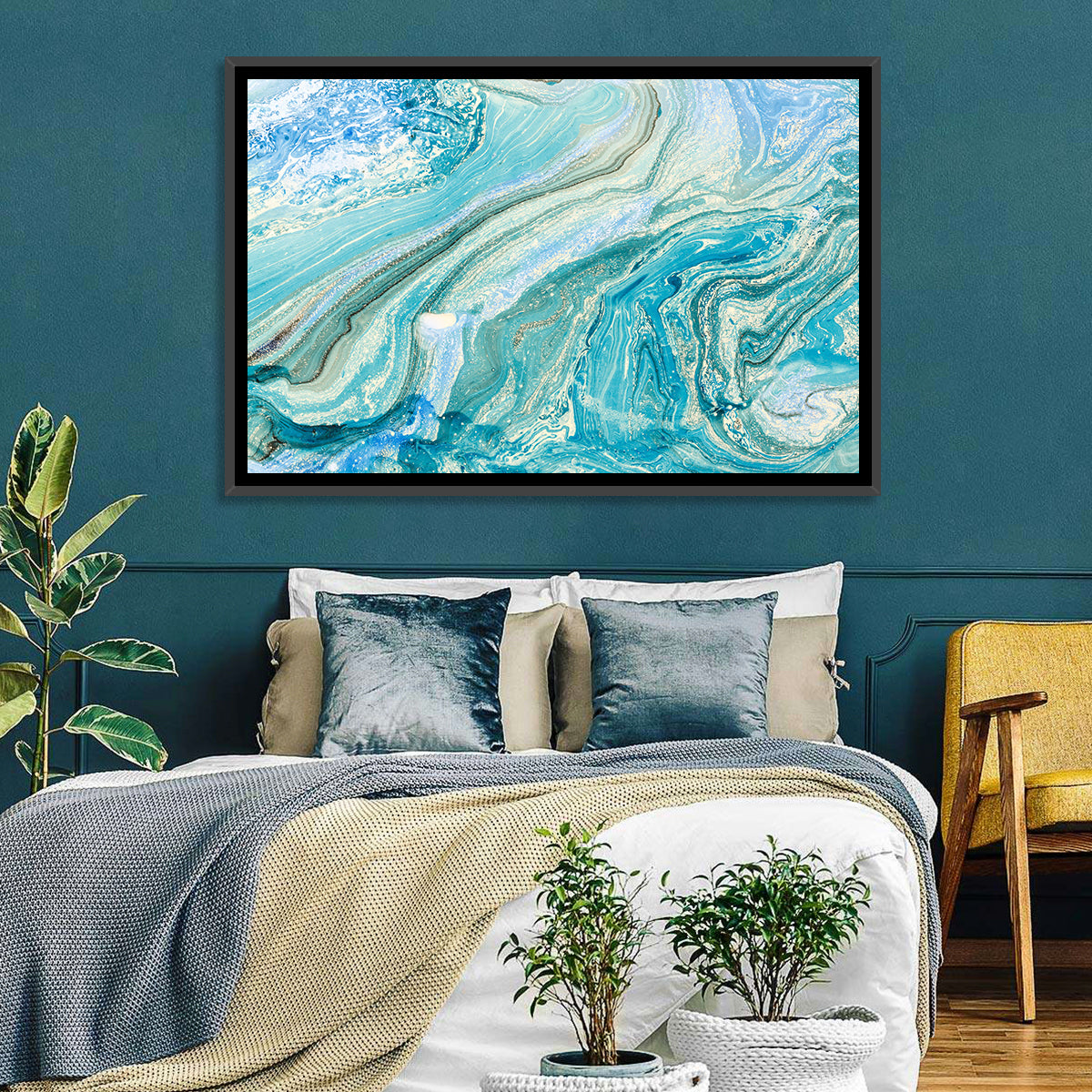Aqua Marble Swirls with Silver Accents Wall Art in a room, landscape