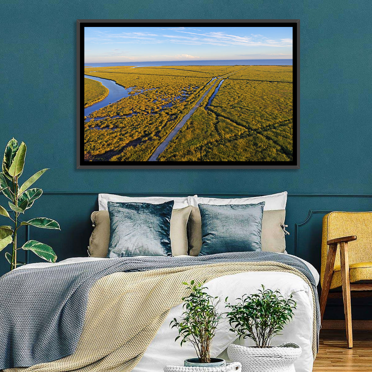 Delaware Bay Marshland Aerial Wall Art in a room, landscape