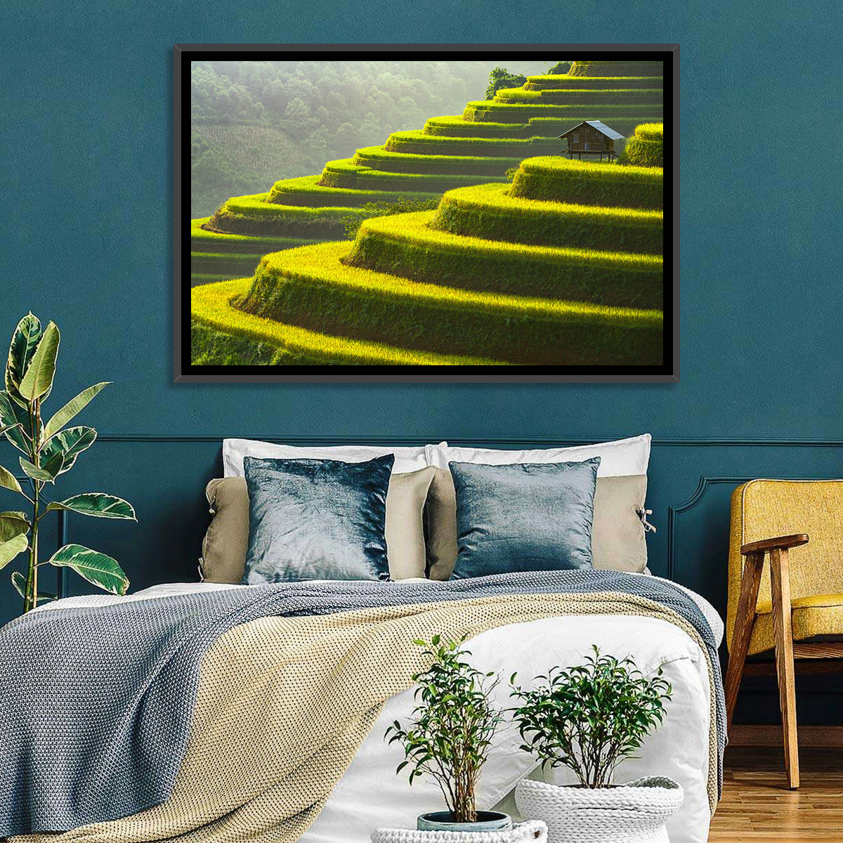 Golden Rice Terraces Wall Art in a room, landscape