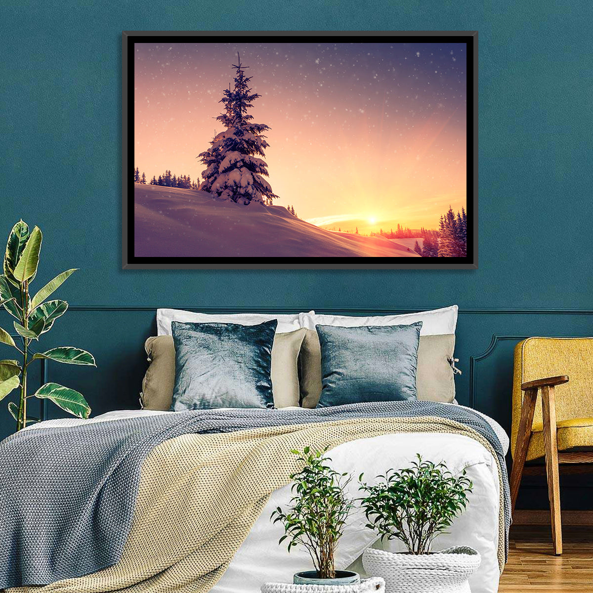 Snowy Sunset with Conifer Wall Art in a room, landscape