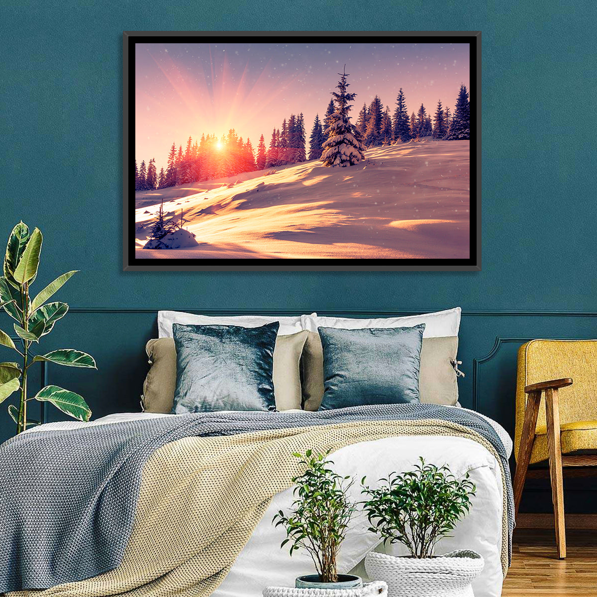 Winter Mountains Sunrise Wall Art in a room, landscape