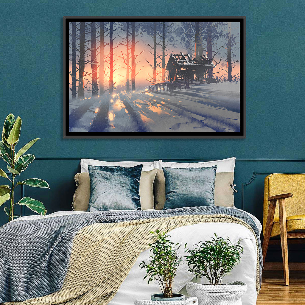 Snowy Forest Cabin at Sunset Wall Art