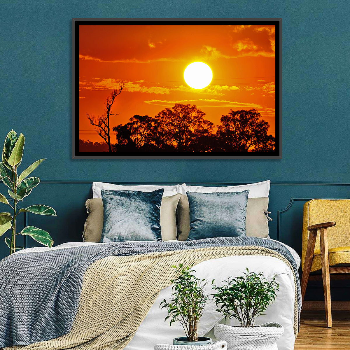 Burning Sun Over Tree Silhouettes Wall Art in a room, landscape