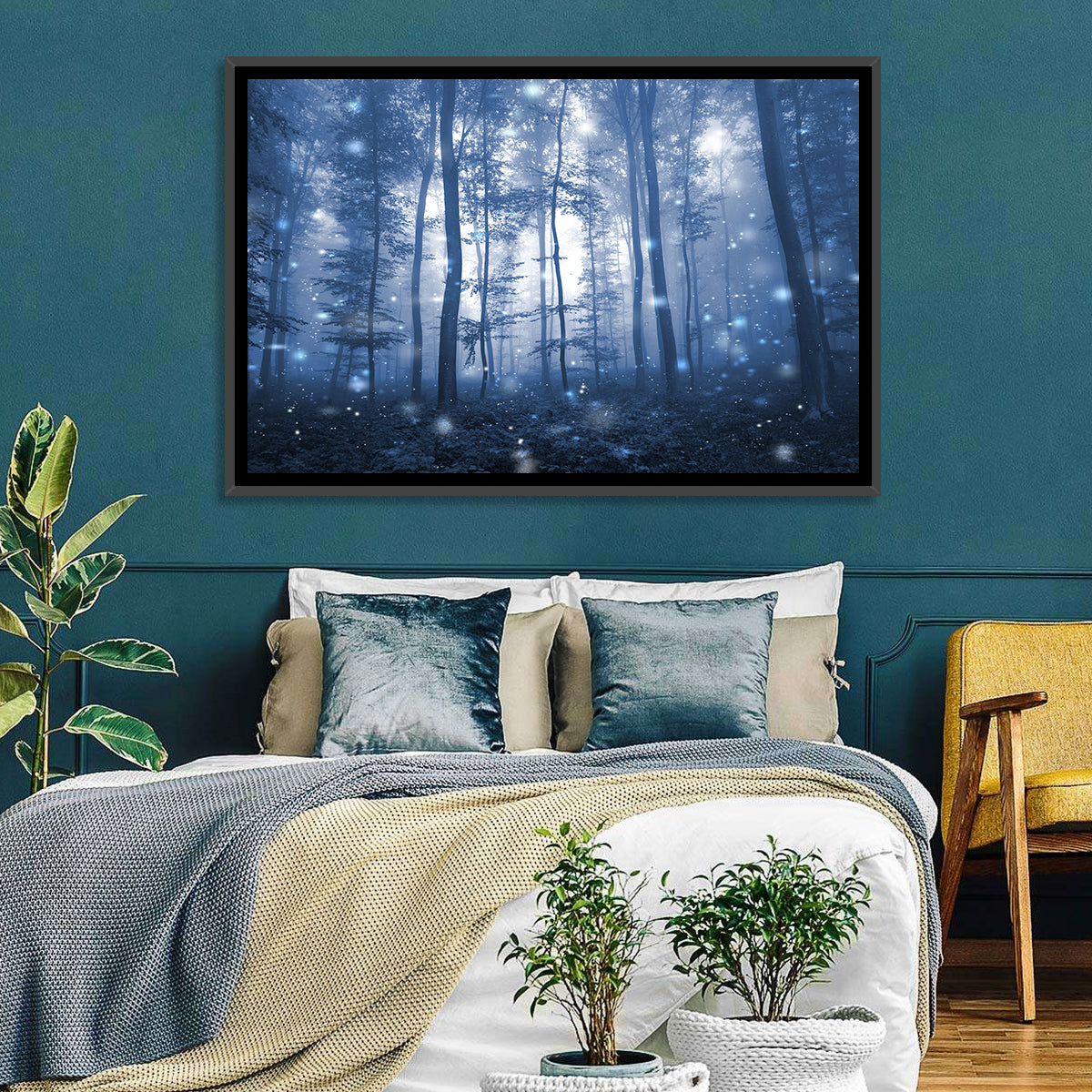 Blue Mist Forest at Twilight Wall Art in a room, landscape