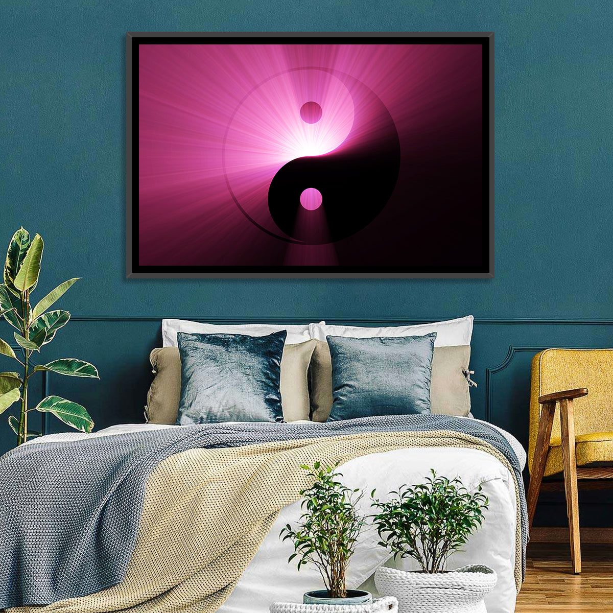 Magenta Yin Yang Symbol Wall Art in a room, landscape