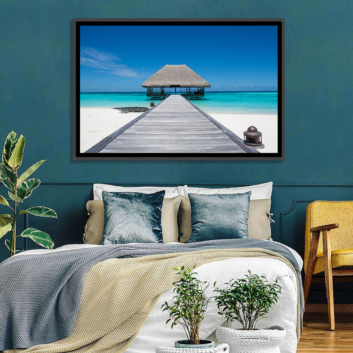 Maldives Turquoise Pier Wall Art in a room, landscape