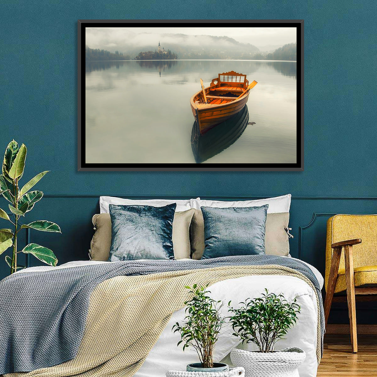 Wooden Boat on Misty Lake Bled Wall Art