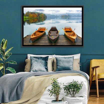 Moored Boats on Misty Lake Bled Wall Art