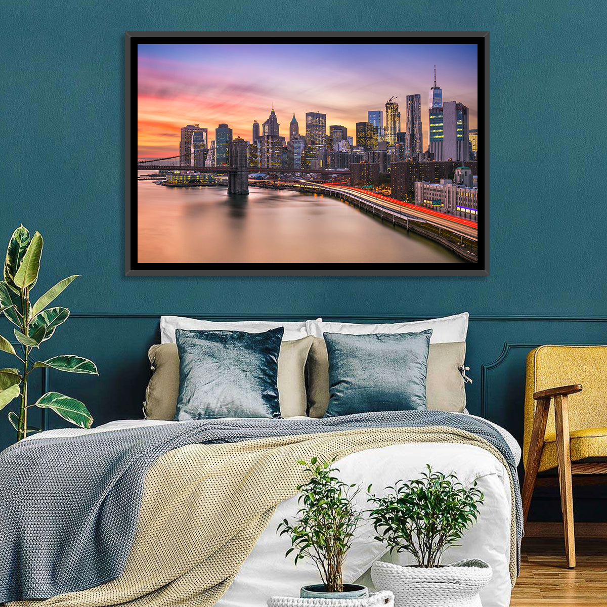 Brooklyn Bridge Light Trails Over Lower Manhattan Wall Art