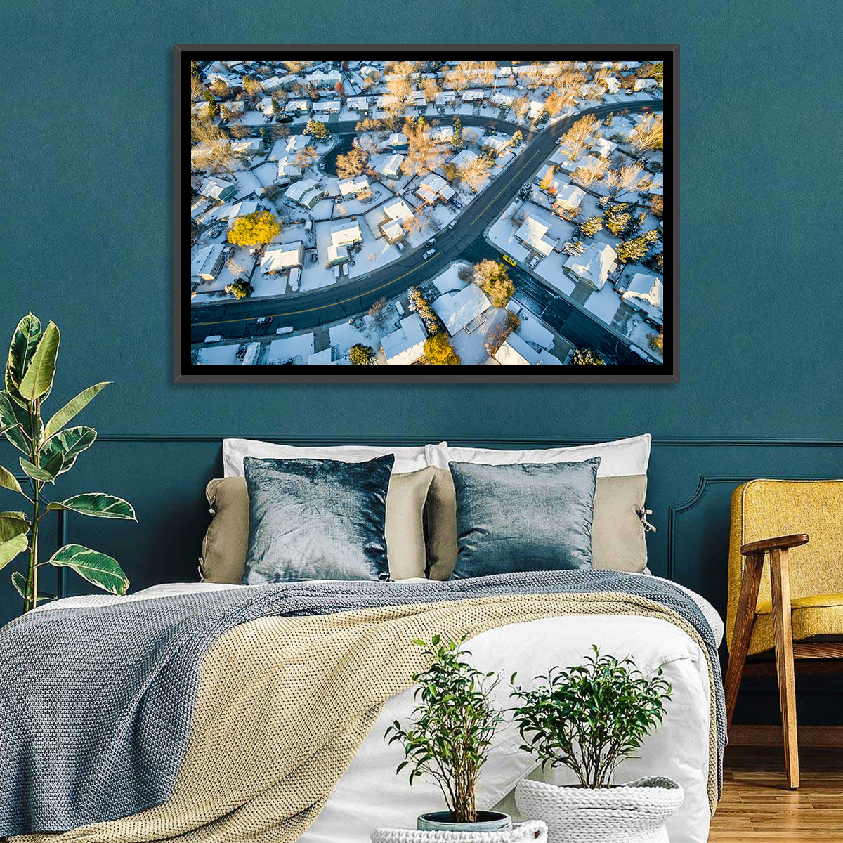Snowy Fort Collins Neighborhood Aerial Wall Art in a room, landscape