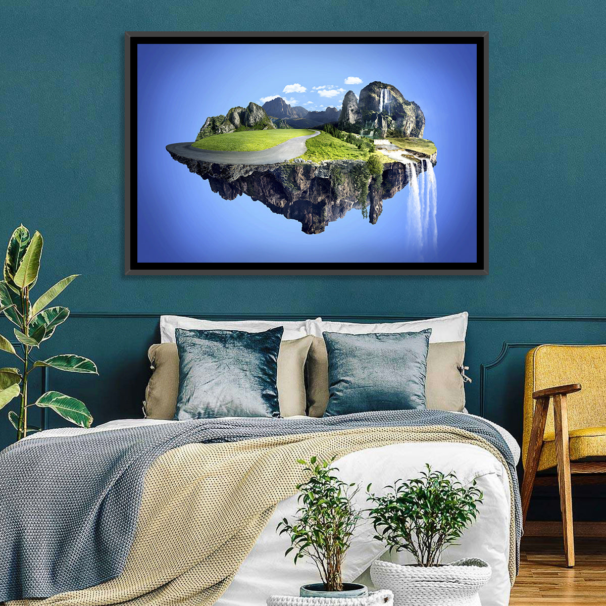 Surreal Floating Island with Waterfalls Wall Art in a room, landscape