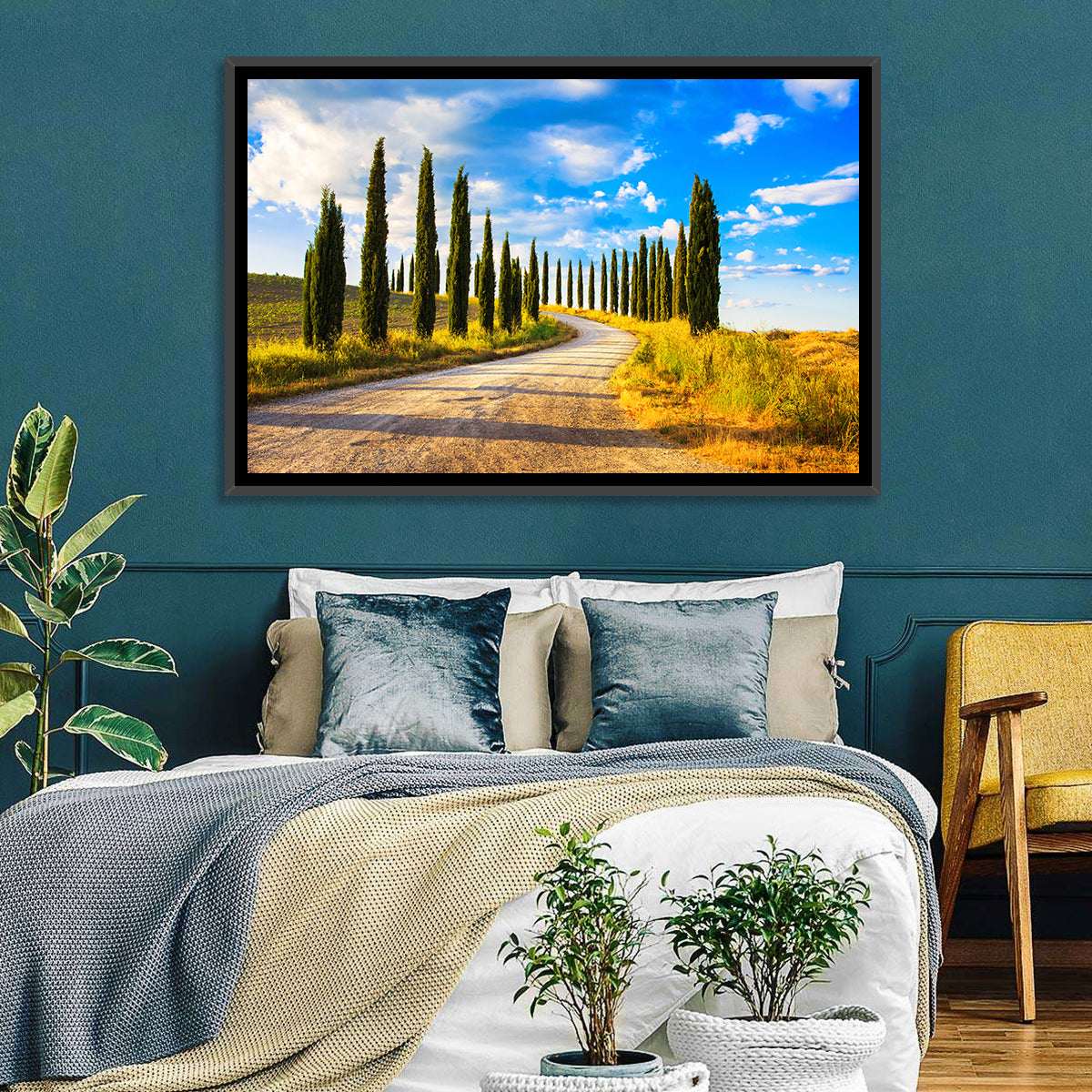 Sunlit Tuscany Cypress Road Wall Art in a room, landscape