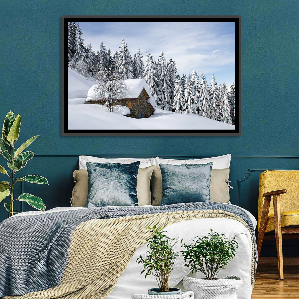 Snow Covered Alpine Cabin Wall Art in a room, landscape