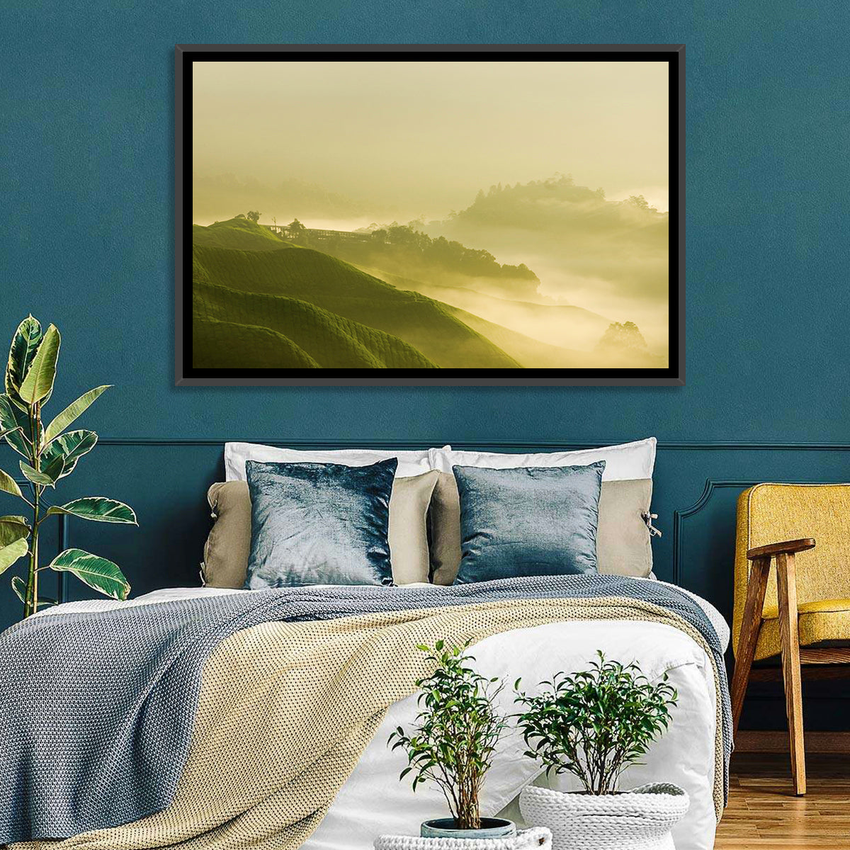 Tea Plantation Morning Mist Wall Art in a room, landscape