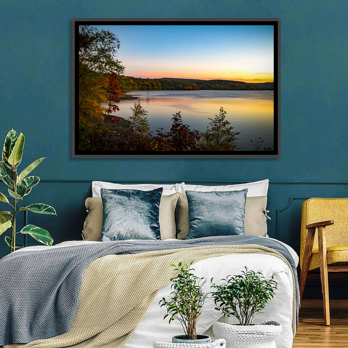 Lake Scranton Sunset Wall Art in a room, landscape