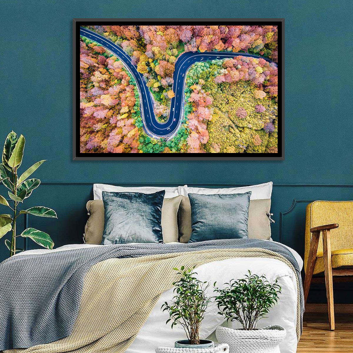 Winding Forest Road Wall Art in a room, landscape