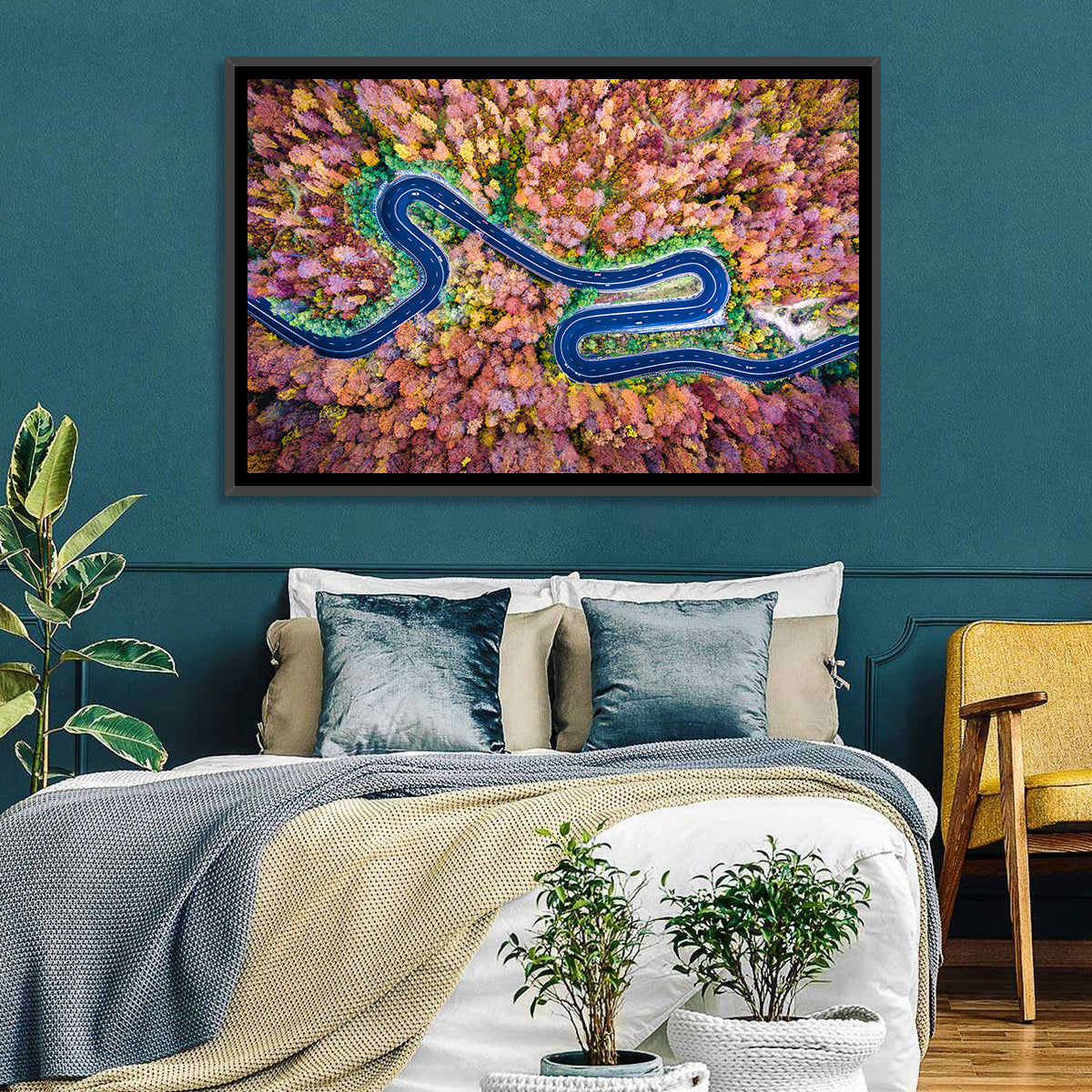 Aerial Winding Road Wall Art in a room, landscape