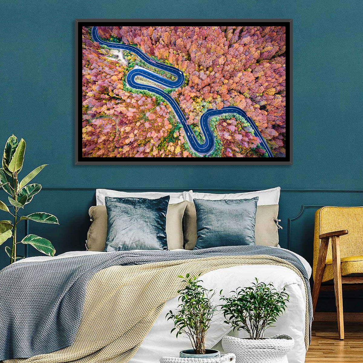 Serpentine Autumn Road Wall Art in a room, landscape