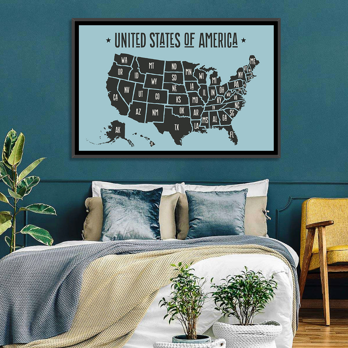 Minimalist USA Map with State Abbreviations Wall Art in a room, landscape