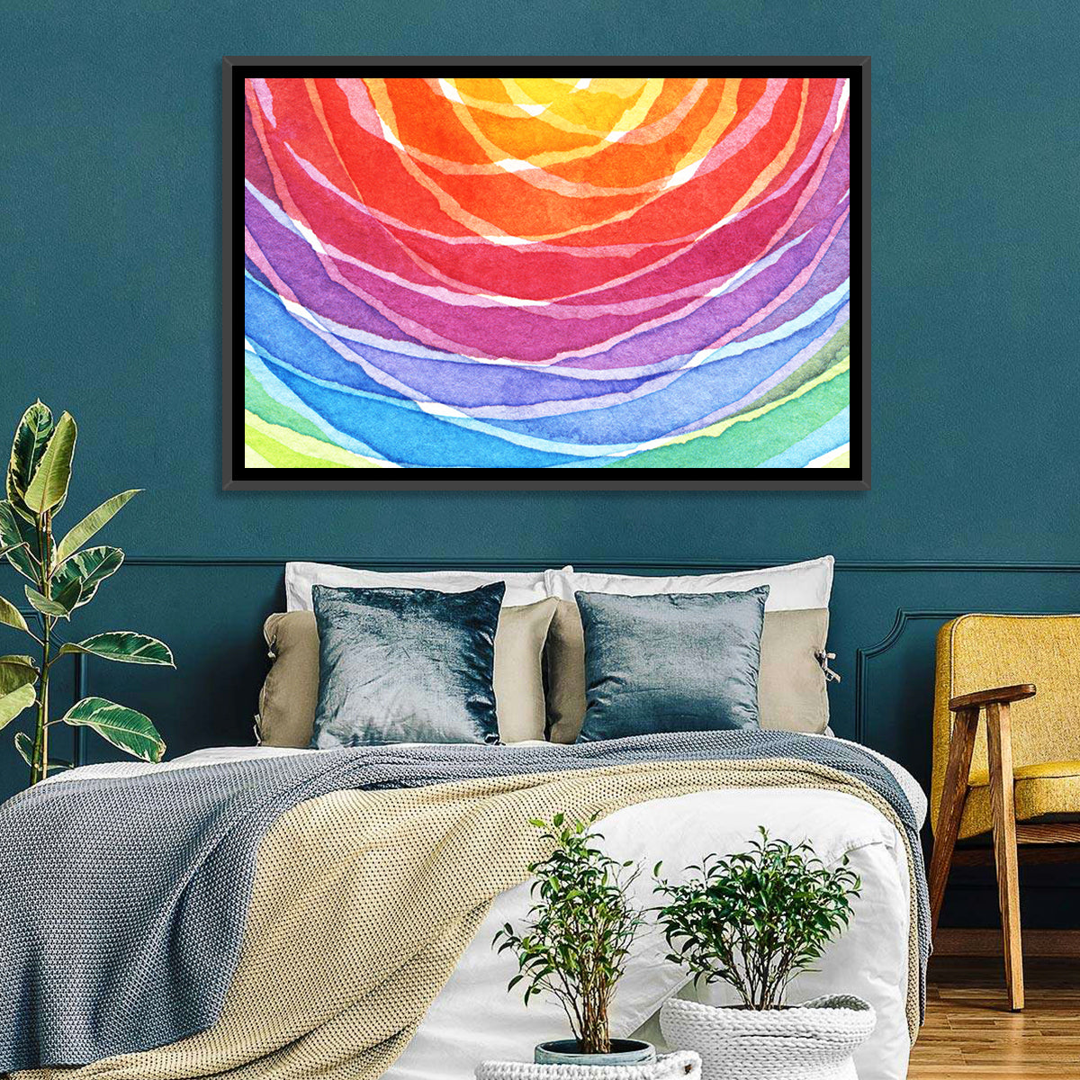 Radiant Rainbow Watercolor Arcs Wall Art in a room, landscape