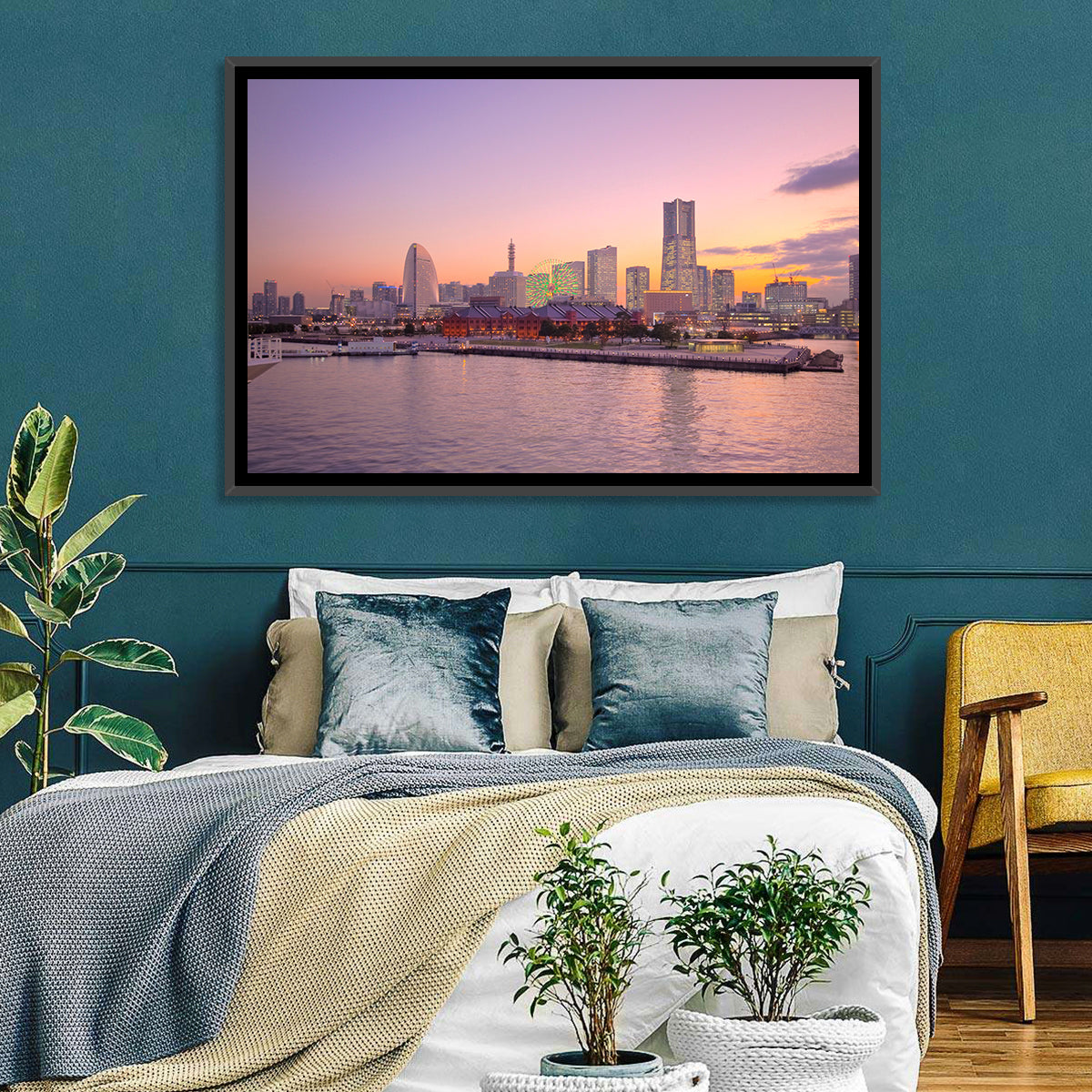 Yokohama Harbor Twilight Wall Art in a room, landscape