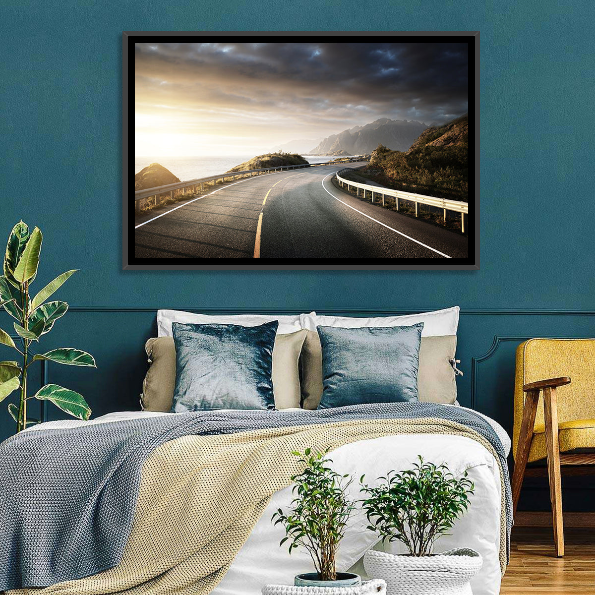 Golden Sunrise Coastal Road Wall Art in a room, landscape
