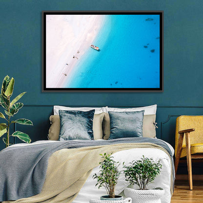 Aerial Beach Bay with White Boat Wall Art
