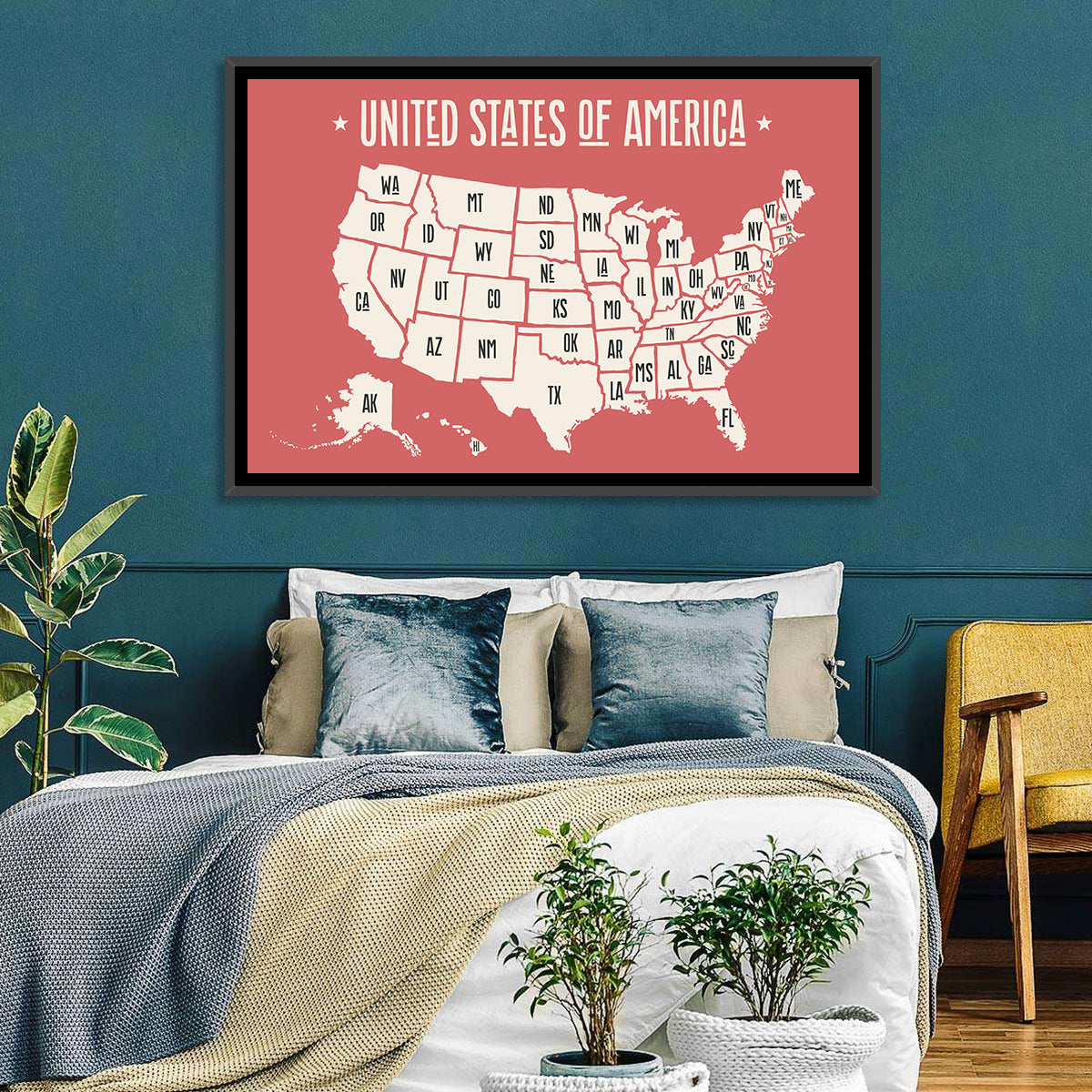 United States Map with State Abbreviations Wall Art