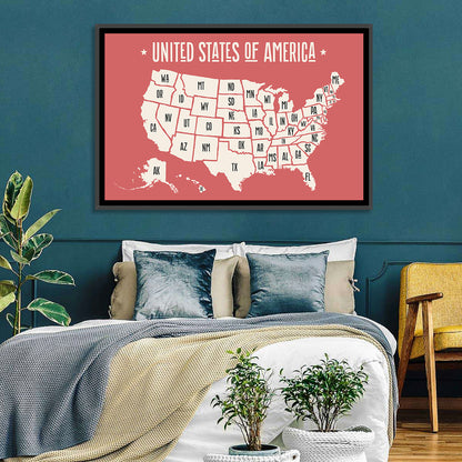 United States Map with State Abbreviations Wall Art