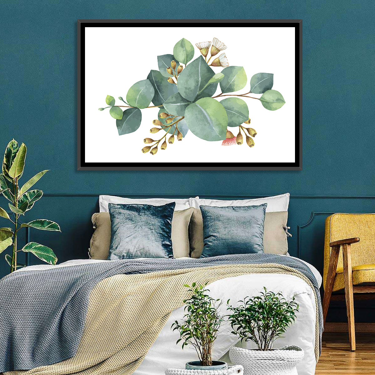 Eucalyptus Leaves with Pink Blossom Wall Art in a room, landscape
