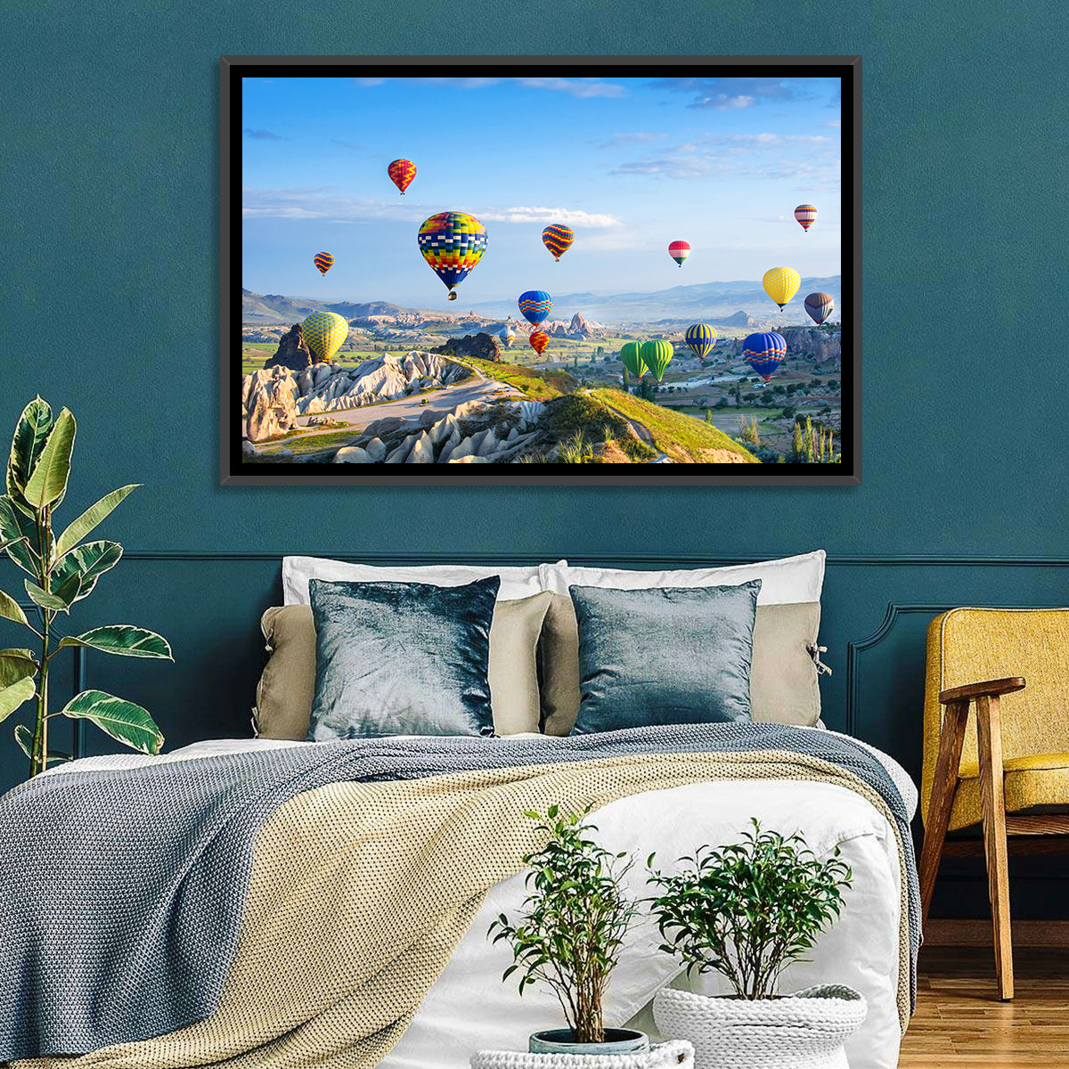 Cappadocia Hot Air Balloons Over Rock Valleys Wall Art in a room, landscape