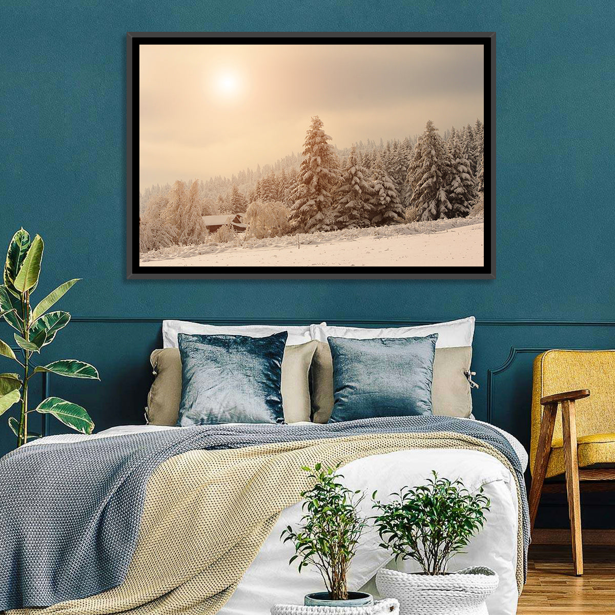 Snowy Pine Forest at Golden Hour Wall Art in a room, landscape