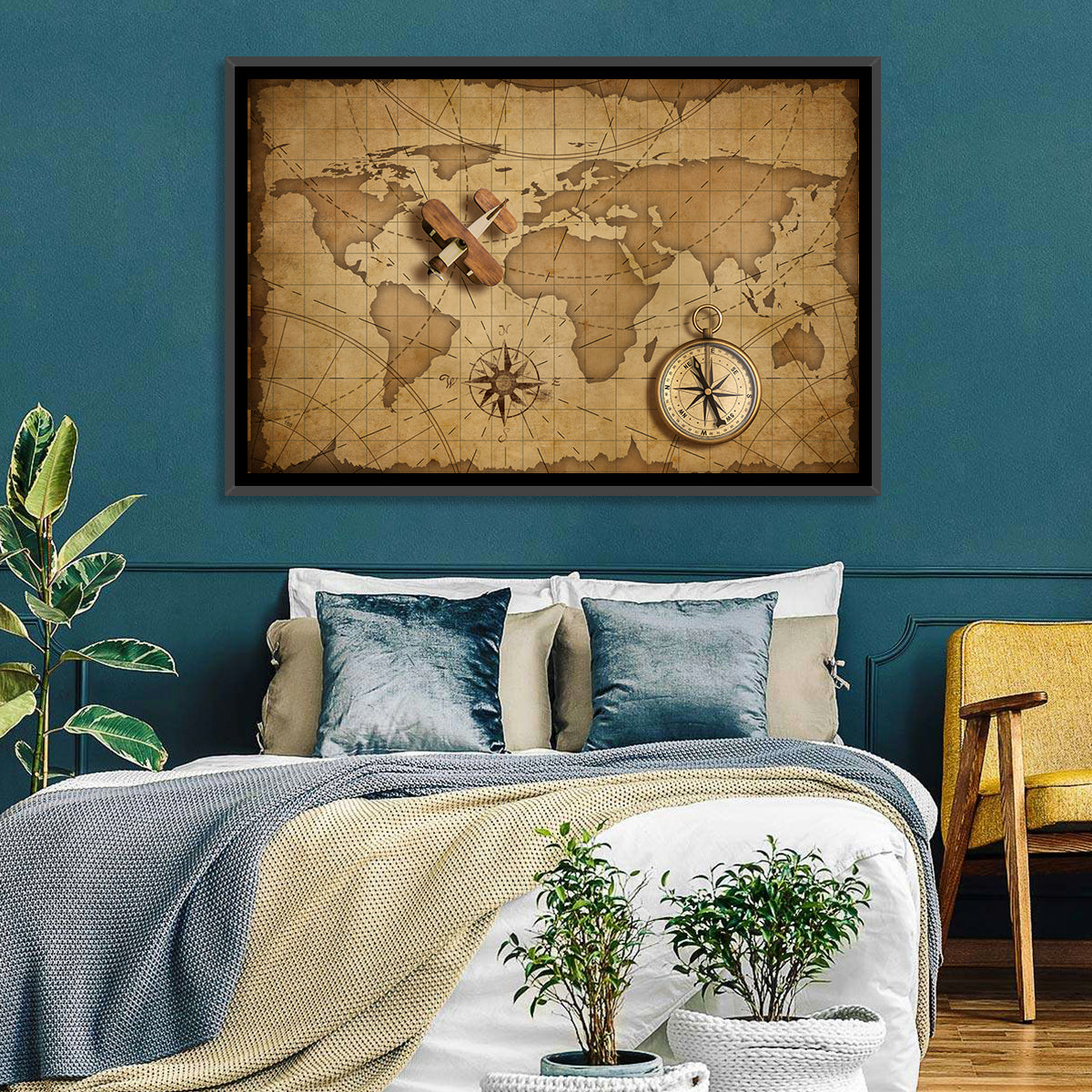 Retro Map with Biplane and Compass Wall Art in a room, landscape
