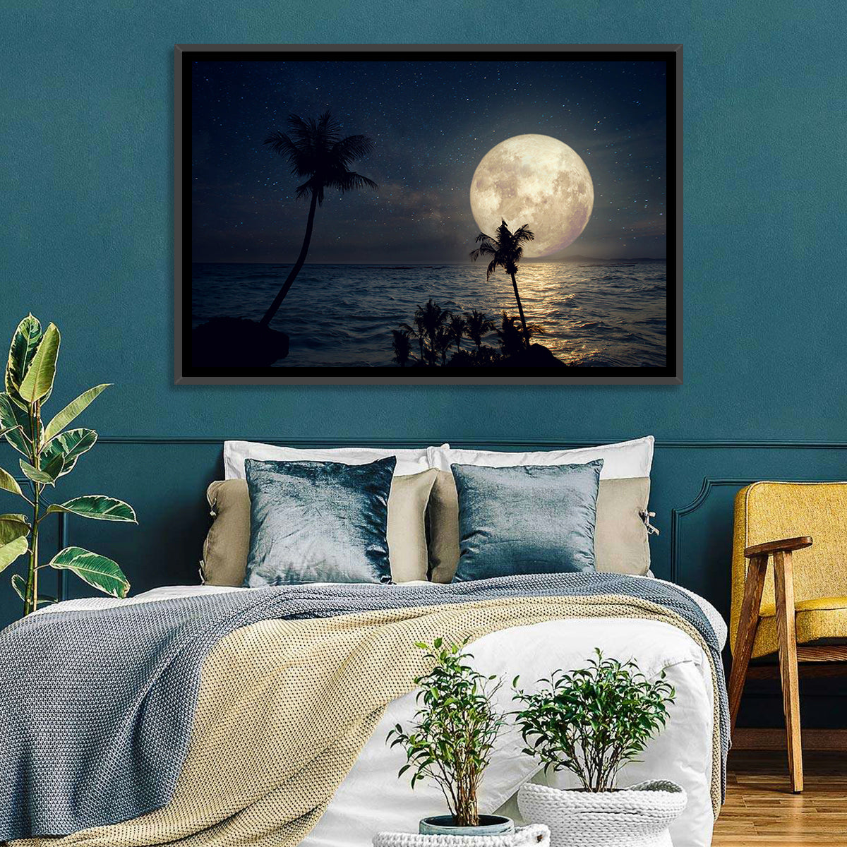 Supermoon Over Tropical Beach Wall Art in a room, landscape