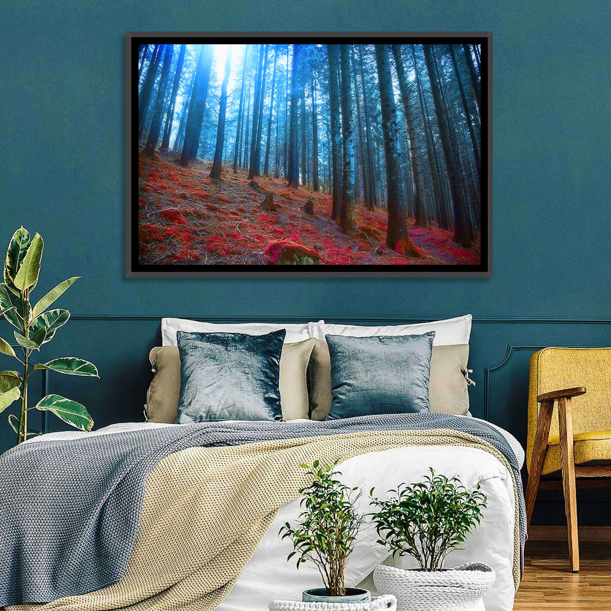 Enchanted Red Moss Forest Wall Art in a room, landscape