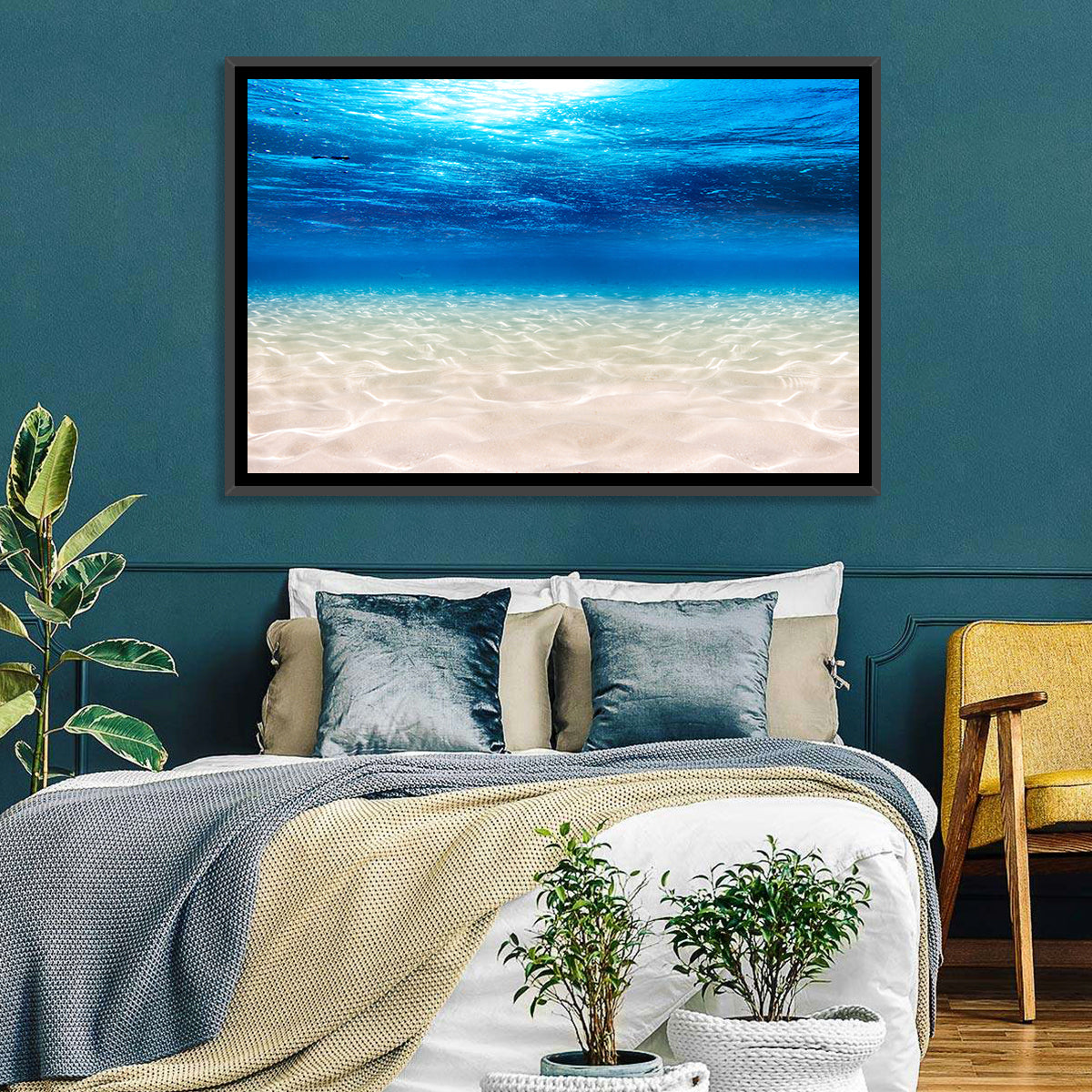Sunlit Sandy Seabed Wall Art in a room, landscape