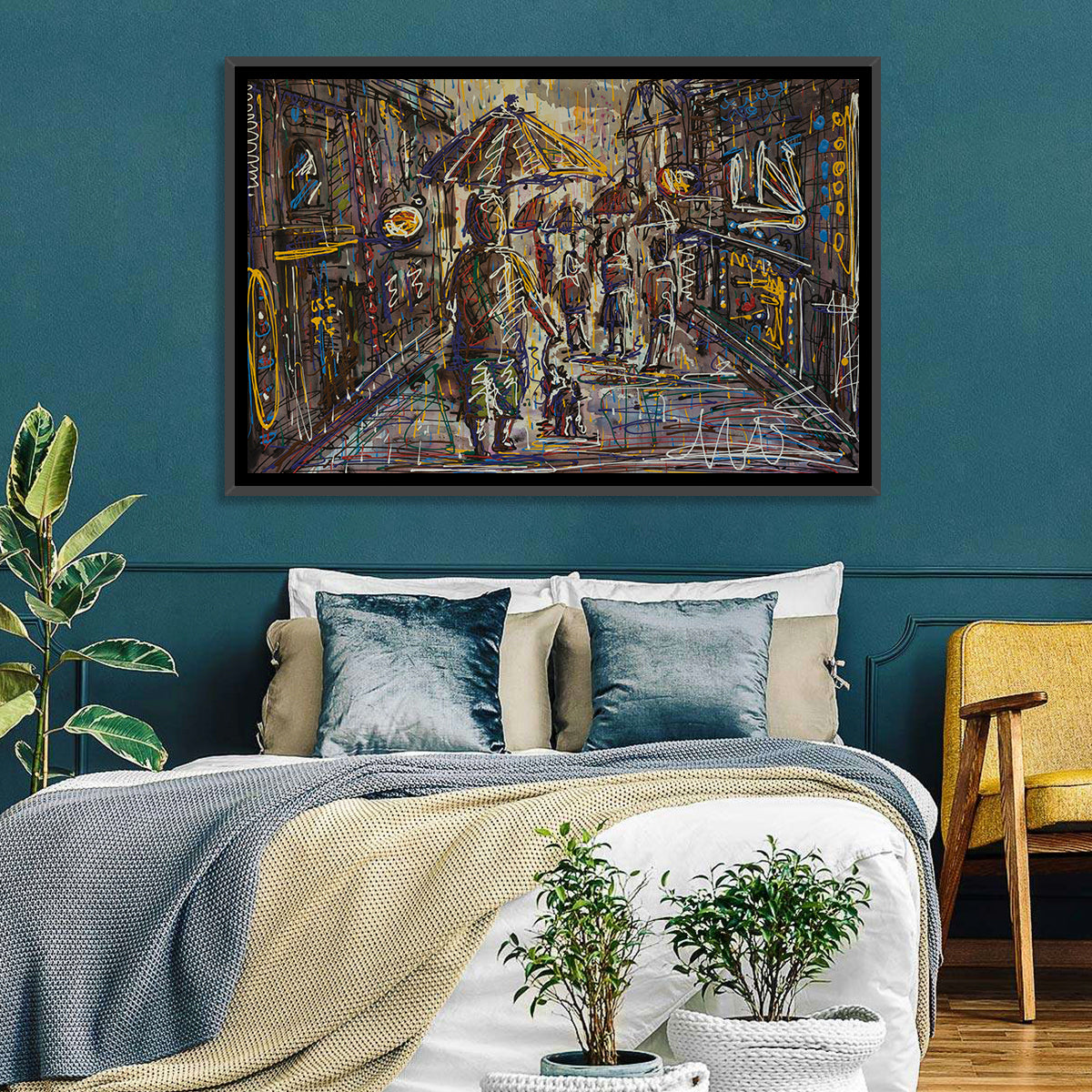 Rainy City Street Wall Art in a room, landscape