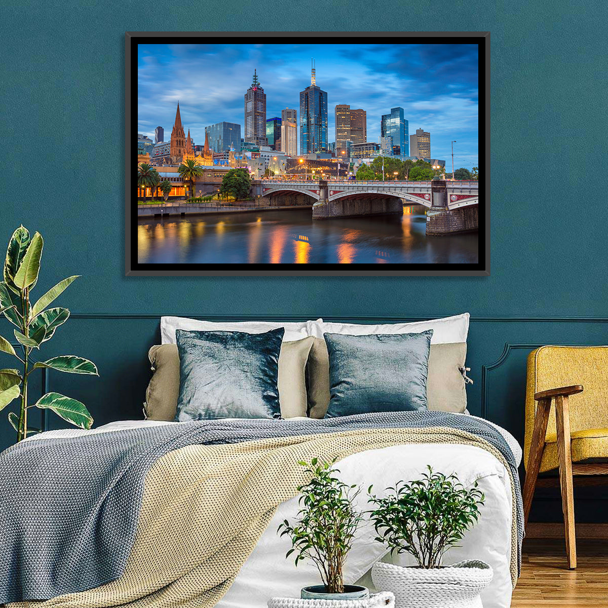 Melbourne Blue Hour Skyline Wall Art in a room, landscape