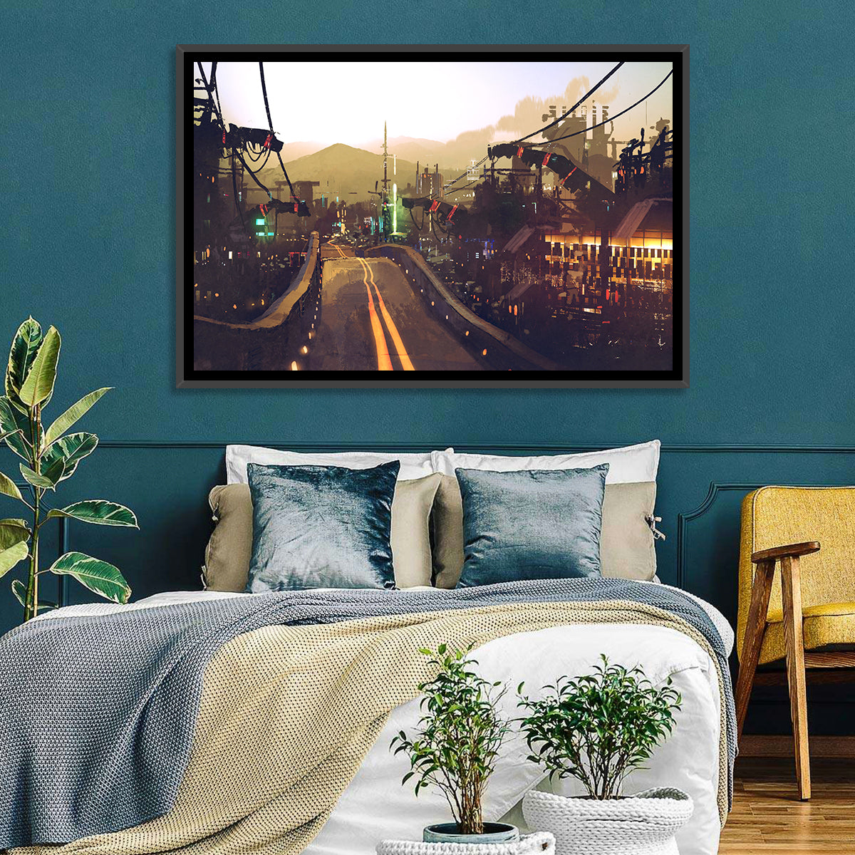 Futuristic Highway at Dusk Wall Art in a room, landscape