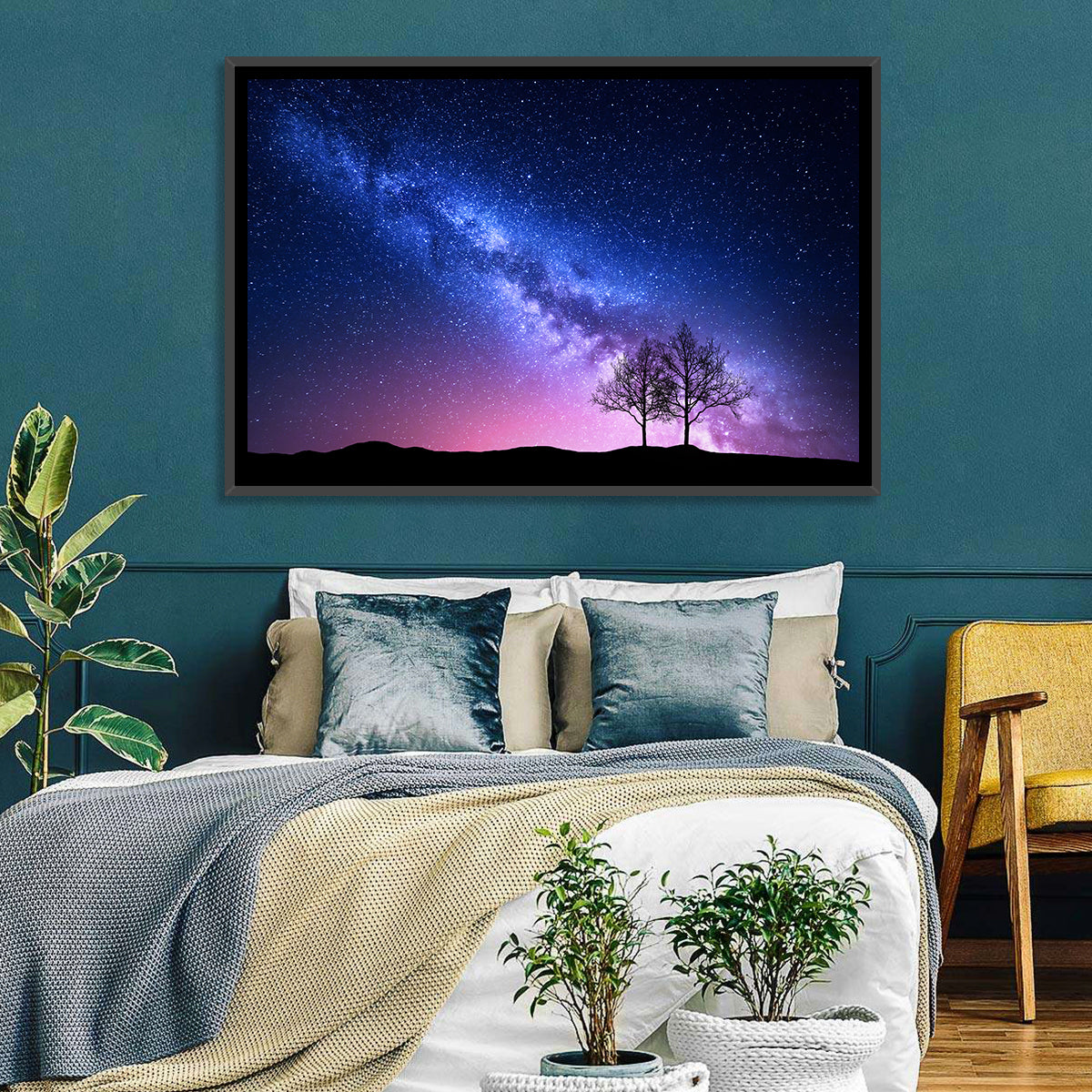 Milky Way Nebula Sky with Silhouetted Trees Wall Art in a room, landscape