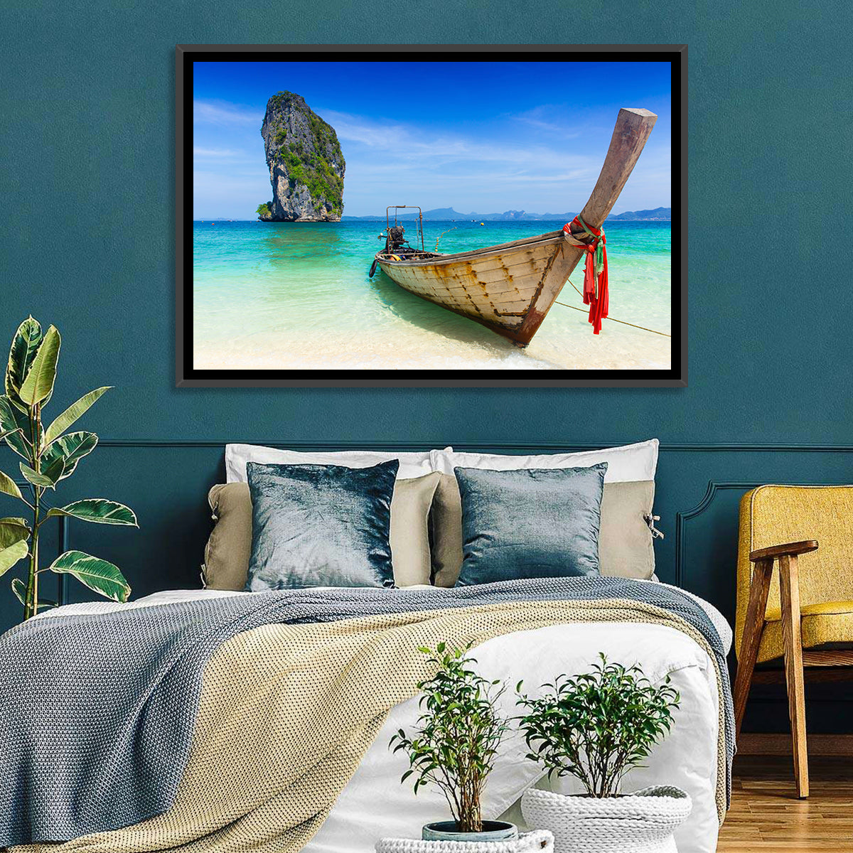 Krabi Longtail Boat Seascape Wall Art in a room, landscape